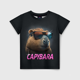 Детская футболка 3D с принтом Капибара в очках   грызун в Белгороде, 100% гипоаллергенный полиэфир | прямой крой, круглый вырез горловины, длина до линии бедер, чуть спущенное плечо, ткань немного тянется | 