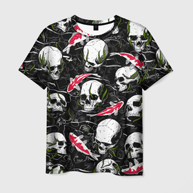 Мужская футболка 3D с принтом Черепа и японские карпы кои в Петрозаводске, 100% полиэфир | прямой крой, круглый вырез горловины, длина до линии бедер | Тематика изображения на принте: 