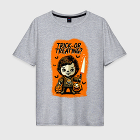 Мужская футболка хлопок Oversize с принтом Хэллоуин: Trick or treating в Белгороде, 100% хлопок | свободный крой, круглый ворот, “спинка” длиннее передней части | 