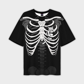 Мужская футболка oversize 3D с принтом Скелет: ребра с котиком ,  |  | 