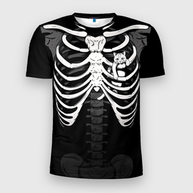 Мужская футболка 3D Slim с принтом Скелет: ребра с котиком , 100% полиэстер с улучшенными характеристиками | приталенный силуэт, круглая горловина, широкие плечи, сужается к линии бедра | 
