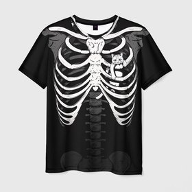 Мужская футболка 3D с принтом Скелет: ребра с котиком в Екатеринбурге, 100% полиэфир | прямой крой, круглый вырез горловины, длина до линии бедер | 