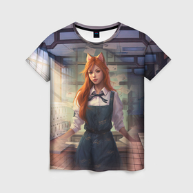 Женская футболка 3D с принтом Девушка студентка лиса в Кировске, 100% полиэфир ( синтетическое хлопкоподобное полотно) | прямой крой, круглый вырез горловины, длина до линии бедер | 