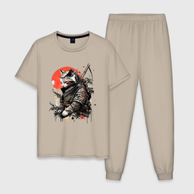 Мужская пижама хлопок с принтом Японский самурай   кот в Екатеринбурге, 100% хлопок | брюки и футболка прямого кроя, без карманов, на брюках мягкая резинка на поясе и по низу штанин
 | 