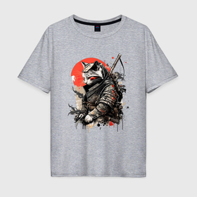 Мужская футболка хлопок Oversize с принтом Японский самурай   кот в Белгороде, 100% хлопок | свободный крой, круглый ворот, “спинка” длиннее передней части | 