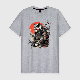 Мужская футболка хлопок Slim с принтом Японский самурай   кот в Екатеринбурге, 92% хлопок, 8% лайкра | приталенный силуэт, круглый вырез ворота, длина до линии бедра, короткий рукав | 