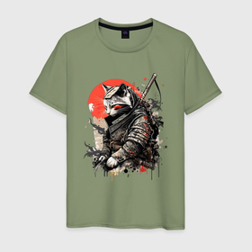 Мужская футболка хлопок с принтом Японский самурай   кот , 100% хлопок | прямой крой, круглый вырез горловины, длина до линии бедер, слегка спущенное плечо. | 