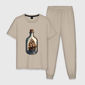 Мужская пижама хлопок с принтом Кораблик в бутылке в Тюмени, 100% хлопок | брюки и футболка прямого кроя, без карманов, на брюках мягкая резинка на поясе и по низу штанин
 | 