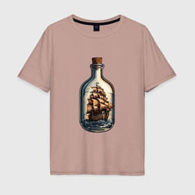 Мужская футболка хлопок Oversize с принтом Кораблик в бутылке в Петрозаводске, 100% хлопок | свободный крой, круглый ворот, “спинка” длиннее передней части | Тематика изображения на принте: 
