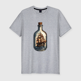 Мужская футболка хлопок Slim с принтом Кораблик в бутылке в Тюмени, 92% хлопок, 8% лайкра | приталенный силуэт, круглый вырез ворота, длина до линии бедра, короткий рукав | 