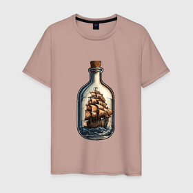 Мужская футболка хлопок с принтом Кораблик в бутылке в Белгороде, 100% хлопок | прямой крой, круглый вырез горловины, длина до линии бедер, слегка спущенное плечо. | 