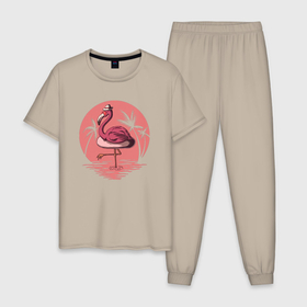 Мужская пижама хлопок с принтом Розовый фламинго в очках и шляпе , 100% хлопок | брюки и футболка прямого кроя, без карманов, на брюках мягкая резинка на поясе и по низу штанин
 | 