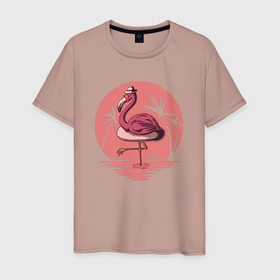 Мужская футболка хлопок с принтом Розовый фламинго в очках и шляпе , 100% хлопок | прямой крой, круглый вырез горловины, длина до линии бедер, слегка спущенное плечо. | 