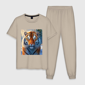 Мужская пижама хлопок с принтом Уссурийский тигр в тайге в Тюмени, 100% хлопок | брюки и футболка прямого кроя, без карманов, на брюках мягкая резинка на поясе и по низу штанин
 | Тематика изображения на принте: 