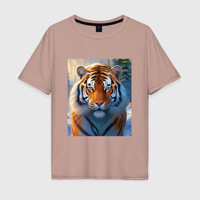 Мужская футболка хлопок Oversize с принтом Уссурийский тигр в тайге в Рязани, 100% хлопок | свободный крой, круглый ворот, “спинка” длиннее передней части | 