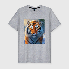 Мужская футболка хлопок Slim с принтом Уссурийский тигр в тайге в Санкт-Петербурге, 92% хлопок, 8% лайкра | приталенный силуэт, круглый вырез ворота, длина до линии бедра, короткий рукав | 