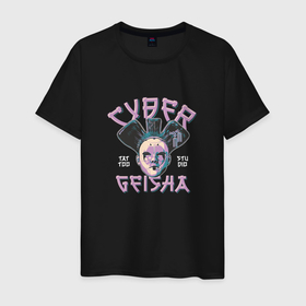 Мужская футболка хлопок с принтом Cyber geisha в Петрозаводске, 100% хлопок | прямой крой, круглый вырез горловины, длина до линии бедер, слегка спущенное плечо. | Тематика изображения на принте: 