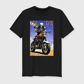 Мужская футболка хлопок Slim с принтом Crazy racer   skeleton   motorcycle , 92% хлопок, 8% лайкра | приталенный силуэт, круглый вырез ворота, длина до линии бедра, короткий рукав | Тематика изображения на принте: 