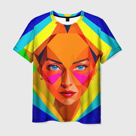 Мужская футболка 3D с принтом Девушка голубоглазая в ромбе , 100% полиэфир | прямой крой, круглый вырез горловины, длина до линии бедер | 