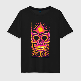 Мужская футболка хлопок Oversize с принтом Яркая черепушка с солнцем в Кировске, 100% хлопок | свободный крой, круглый ворот, “спинка” длиннее передней части | 
