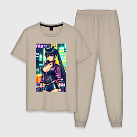 Мужская пижама хлопок с принтом Крутая городская девчонка   аниме , 100% хлопок | брюки и футболка прямого кроя, без карманов, на брюках мягкая резинка на поясе и по низу штанин
 | 