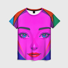 Женская футболка 3D с принтом Девушка с голубыми глазами и фиолетовым лицом в Тюмени, 100% полиэфир ( синтетическое хлопкоподобное полотно) | прямой крой, круглый вырез горловины, длина до линии бедер | 
