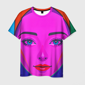 Мужская футболка 3D с принтом Девушка с голубыми глазами и фиолетовым лицом в Петрозаводске, 100% полиэфир | прямой крой, круглый вырез горловины, длина до линии бедер | 