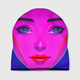 Шапка 3D с принтом Девушка с голубыми глазами и фиолетовым лицом в Петрозаводске, 100% полиэстер | универсальный размер, печать по всей поверхности изделия | 