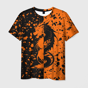 Мужская футболка 3D с принтом Оранжевый черный дракон в кляксах в Новосибирске, 100% полиэфир | прямой крой, круглый вырез горловины, длина до линии бедер | 