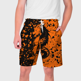 Мужские шорты 3D с принтом Оранжевый черный дракон в кляксах в Курске,  полиэстер 100% | прямой крой, два кармана без застежек по бокам. Мягкая трикотажная резинка на поясе, внутри которой широкие завязки. Длина чуть выше колен | 