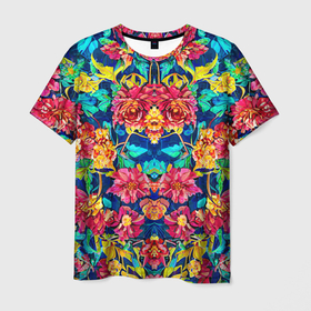 Мужская футболка 3D с принтом Зеркальный цветочный паттерн   мода в Тюмени, 100% полиэфир | прямой крой, круглый вырез горловины, длина до линии бедер | 