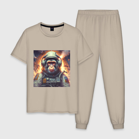 Мужская пижама хлопок с принтом Обезьяна космонавт в Новосибирске, 100% хлопок | брюки и футболка прямого кроя, без карманов, на брюках мягкая резинка на поясе и по низу штанин
 | 