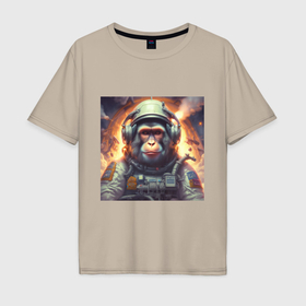 Мужская футболка хлопок Oversize с принтом Обезьяна космонавт в Кировске, 100% хлопок | свободный крой, круглый ворот, “спинка” длиннее передней части | 
