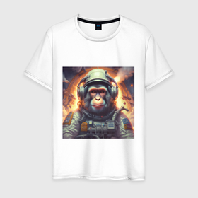 Мужская футболка хлопок с принтом Обезьяна космонавт в Тюмени, 100% хлопок | прямой крой, круглый вырез горловины, длина до линии бедер, слегка спущенное плечо. | 