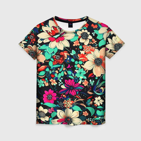 Женская футболка 3D с принтом Насыщенные цветы в Тюмени, 100% полиэфир ( синтетическое хлопкоподобное полотно) | прямой крой, круглый вырез горловины, длина до линии бедер | 