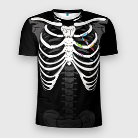 Мужская футболка 3D Slim с принтом Скелет: ребра с кистью и красками в Тюмени, 100% полиэстер с улучшенными характеристиками | приталенный силуэт, круглая горловина, широкие плечи, сужается к линии бедра | 