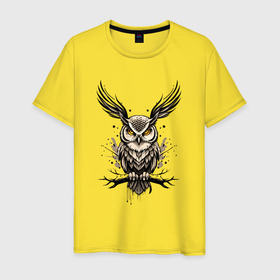 Мужская футболка хлопок с принтом Тату сова в Санкт-Петербурге, 100% хлопок | прямой крой, круглый вырез горловины, длина до линии бедер, слегка спущенное плечо. | 
