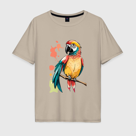 Мужская футболка хлопок Oversize с принтом Попугай в брызгах краски в Курске, 100% хлопок | свободный крой, круглый ворот, “спинка” длиннее передней части | 