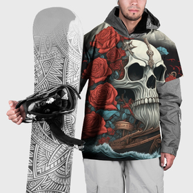 Накидка на куртку 3D с принтом Череп викинга  на корабле с розами в стиле тату ирезуми , 100% полиэстер |  | 