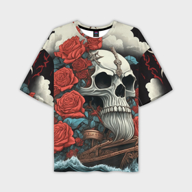 Мужская футболка oversize 3D с принтом Череп викинга  на корабле с розами в стиле тату ирезуми в Курске,  |  | Тематика изображения на принте: 