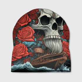 Шапка 3D с принтом Череп викинга  на корабле с розами в стиле тату ирезуми в Петрозаводске, 100% полиэстер | универсальный размер, печать по всей поверхности изделия | Тематика изображения на принте: 