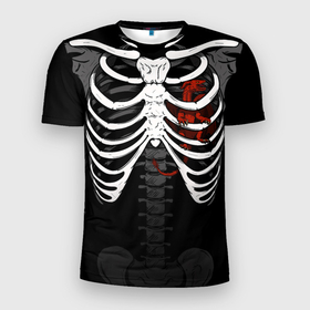 Мужская футболка 3D Slim с принтом Скелет: ребра с драконом в Тюмени, 100% полиэстер с улучшенными характеристиками | приталенный силуэт, круглая горловина, широкие плечи, сужается к линии бедра | 