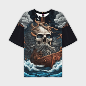 Мужская футболка oversize 3D с принтом Тату  ирезуми черепа пирата на корабле в шторм в Белгороде,  |  | 