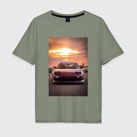 Мужская футболка хлопок Oversize с принтом Авто в багровом закате , 100% хлопок | свободный крой, круглый ворот, “спинка” длиннее передней части | 