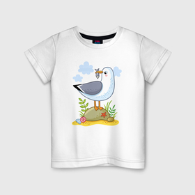 Детская футболка хлопок с принтом Чайка с рыбкой в Санкт-Петербурге, 100% хлопок | круглый вырез горловины, полуприлегающий силуэт, длина до линии бедер | Тематика изображения на принте: 