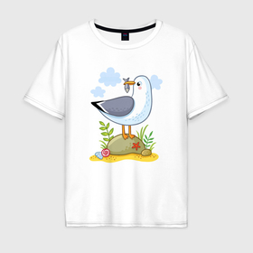 Мужская футболка хлопок Oversize с принтом Чайка с рыбкой в Екатеринбурге, 100% хлопок | свободный крой, круглый ворот, “спинка” длиннее передней части | Тематика изображения на принте: 