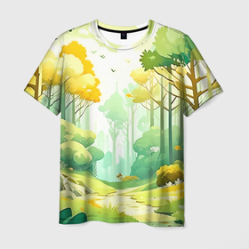 Мужская футболка 3D с принтом Летний лесной пейзаж   нейросеть в Курске, 100% полиэфир | прямой крой, круглый вырез горловины, длина до линии бедер | 