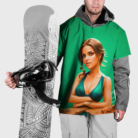Накидка на куртку 3D с принтом Девушка в тёмно зелёном платье на фоне волны в Новосибирске, 100% полиэстер |  | Тематика изображения на принте: 