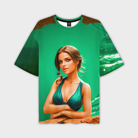 Мужская футболка oversize 3D с принтом Девушка в тёмно зелёном платье на фоне волны в Новосибирске,  |  | Тематика изображения на принте: 
