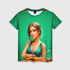 Женская футболка 3D с принтом Девушка в тёмно зелёном платье на фоне волны в Екатеринбурге, 100% полиэфир ( синтетическое хлопкоподобное полотно) | прямой крой, круглый вырез горловины, длина до линии бедер | 